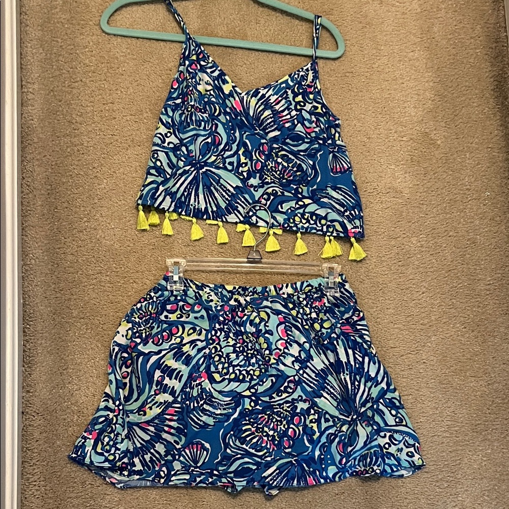 Lilly Pulitzer Blue Patterned Shorts and Top Set